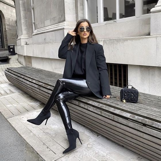 Pantalon Taille Haute Moulant en Simili Cuir Brillant Femme