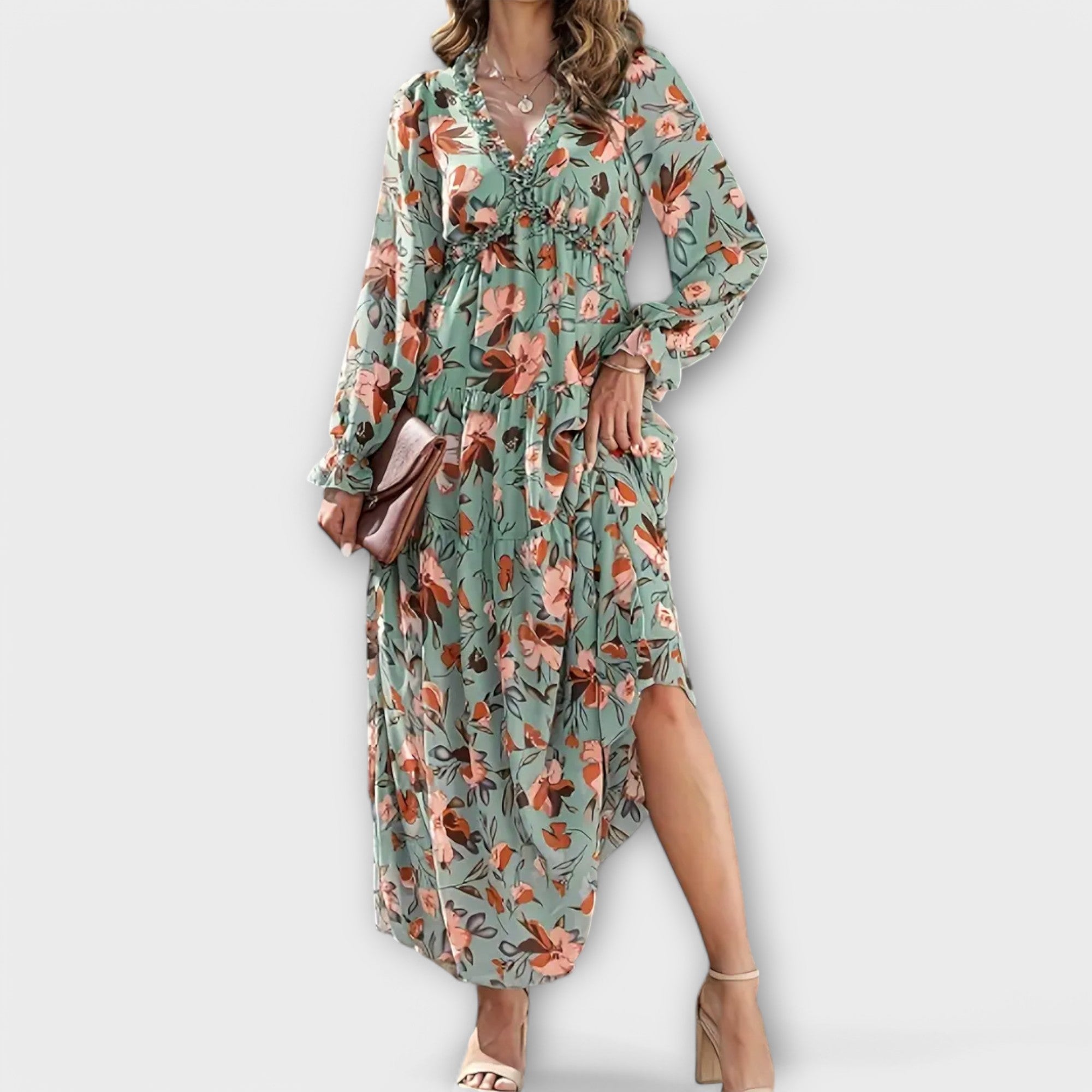 Robe Maxi à Manches Longues et Imprimé Floral pour Femmes