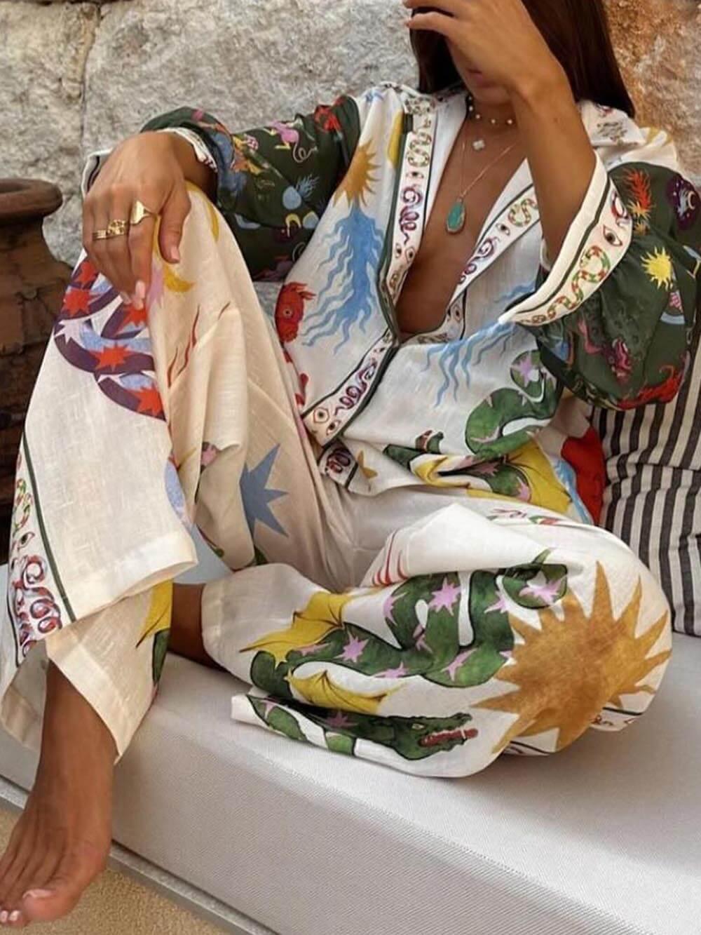 Ensemble pantalon et chemise manches longues imprimé pour femmes