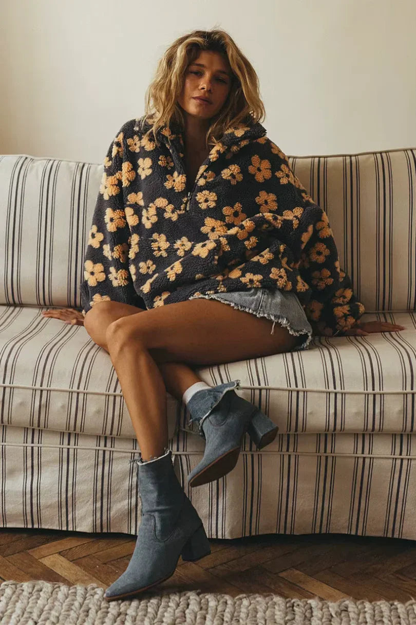 Pull chaud en polaire à motif floral pour femme