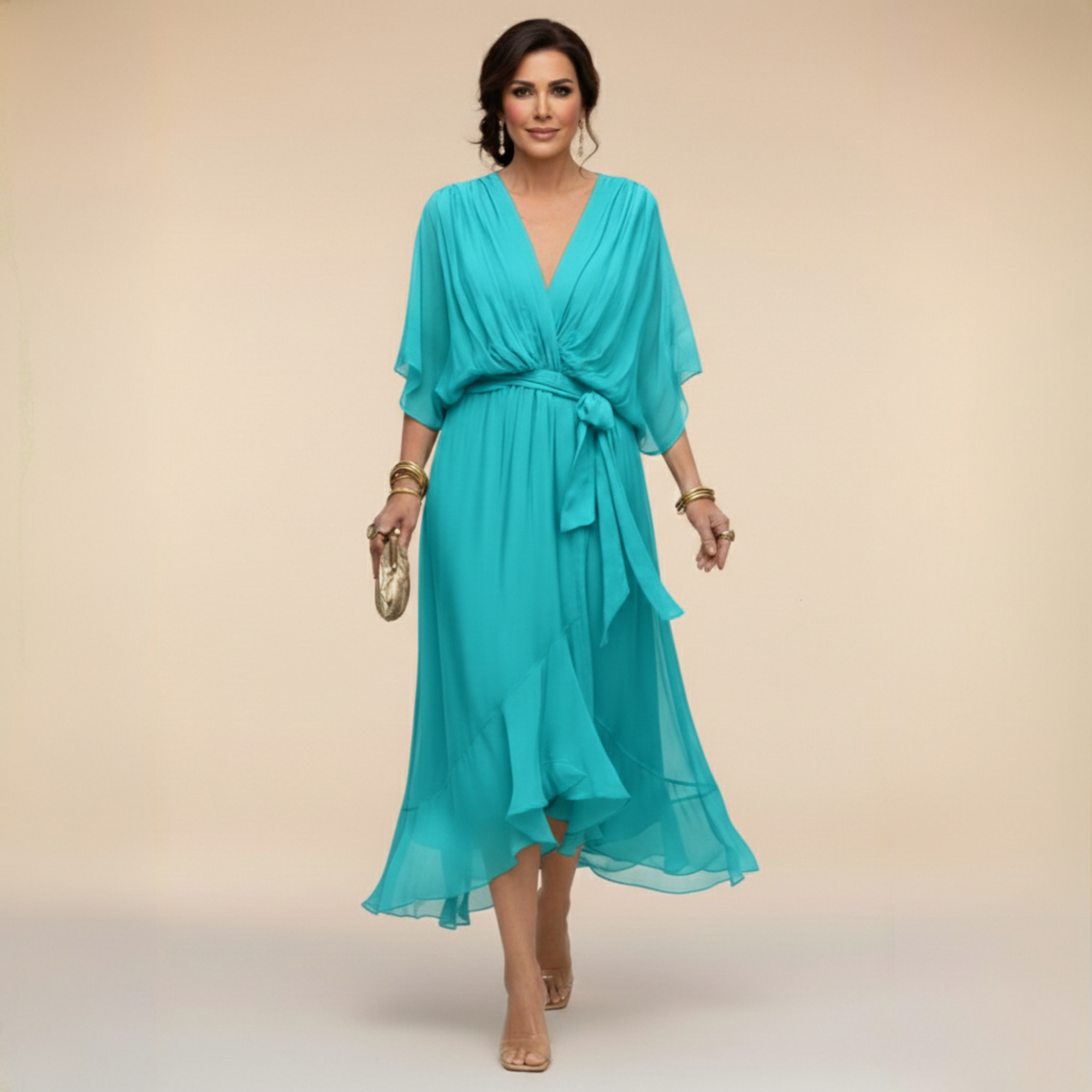 Robe Longue en Chiffon à Manches Chauve-Souris pour Femmes