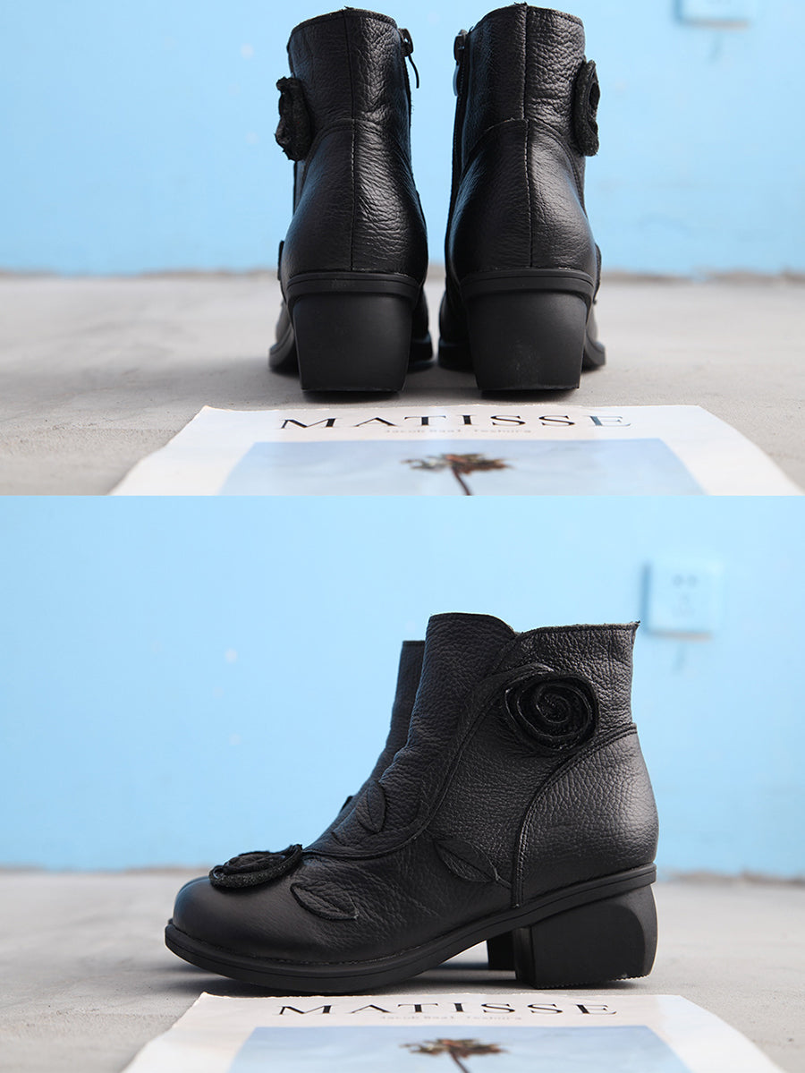 Bottes à Talon Moyen en Cuir avec Motifs Floraux pour Femme