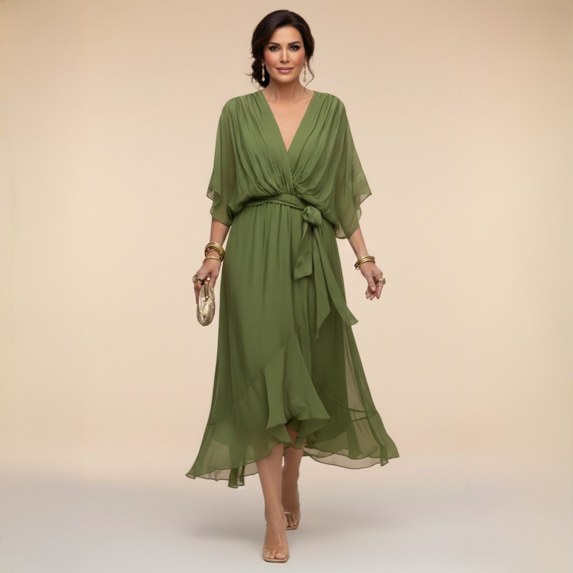 Robe Longue en Chiffon à Manches Chauve-Souris pour Femmes