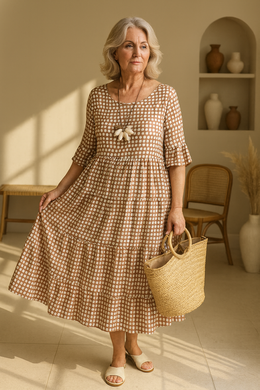 Robe Midi À Manches Évasées À Pois Beige