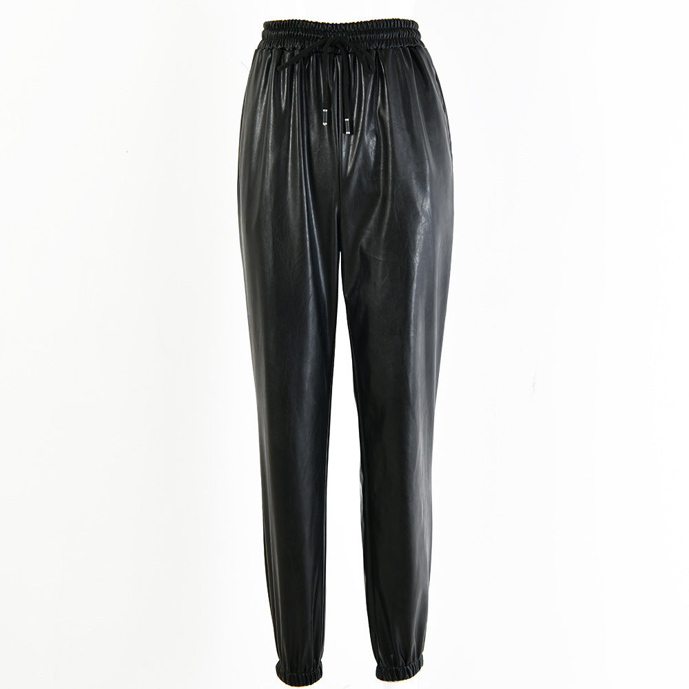 Pantalon Jogger Taille Élastique en Simili Cuir pour Femme
