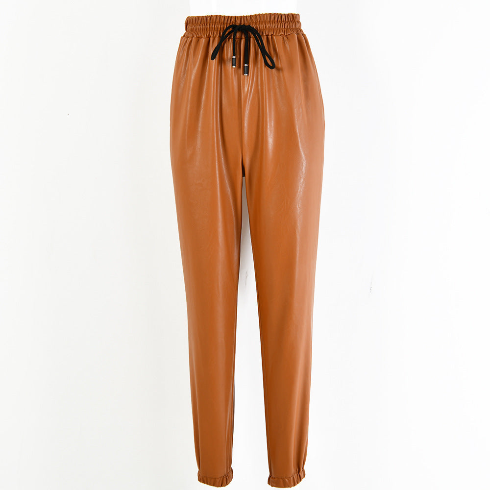 Pantalon Jogger Taille Élastique en Simili Cuir pour Femme