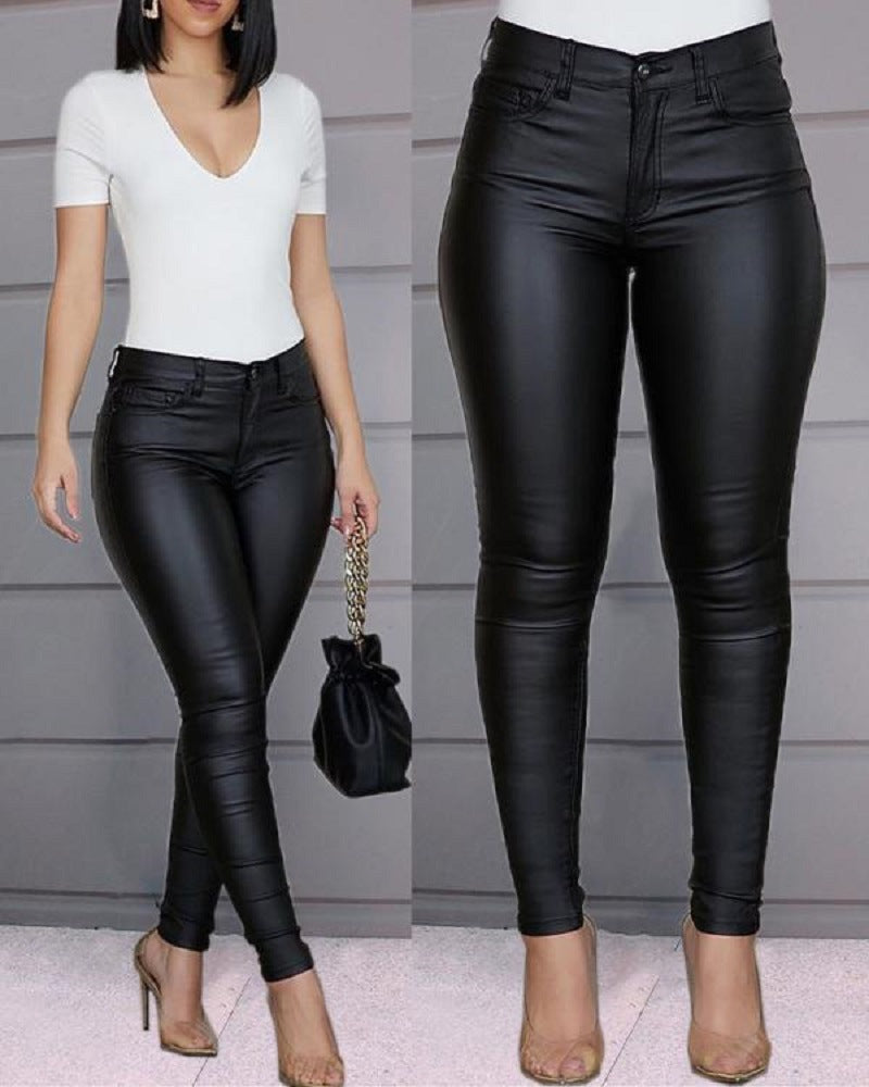 Pantalon Taille Haute en Simili Cuir Coupe Slim pour Femme