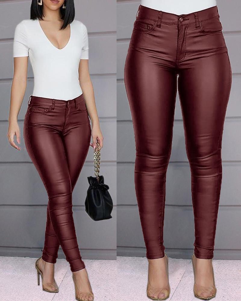 Pantalon Taille Haute en Simili Cuir Coupe Slim pour Femme