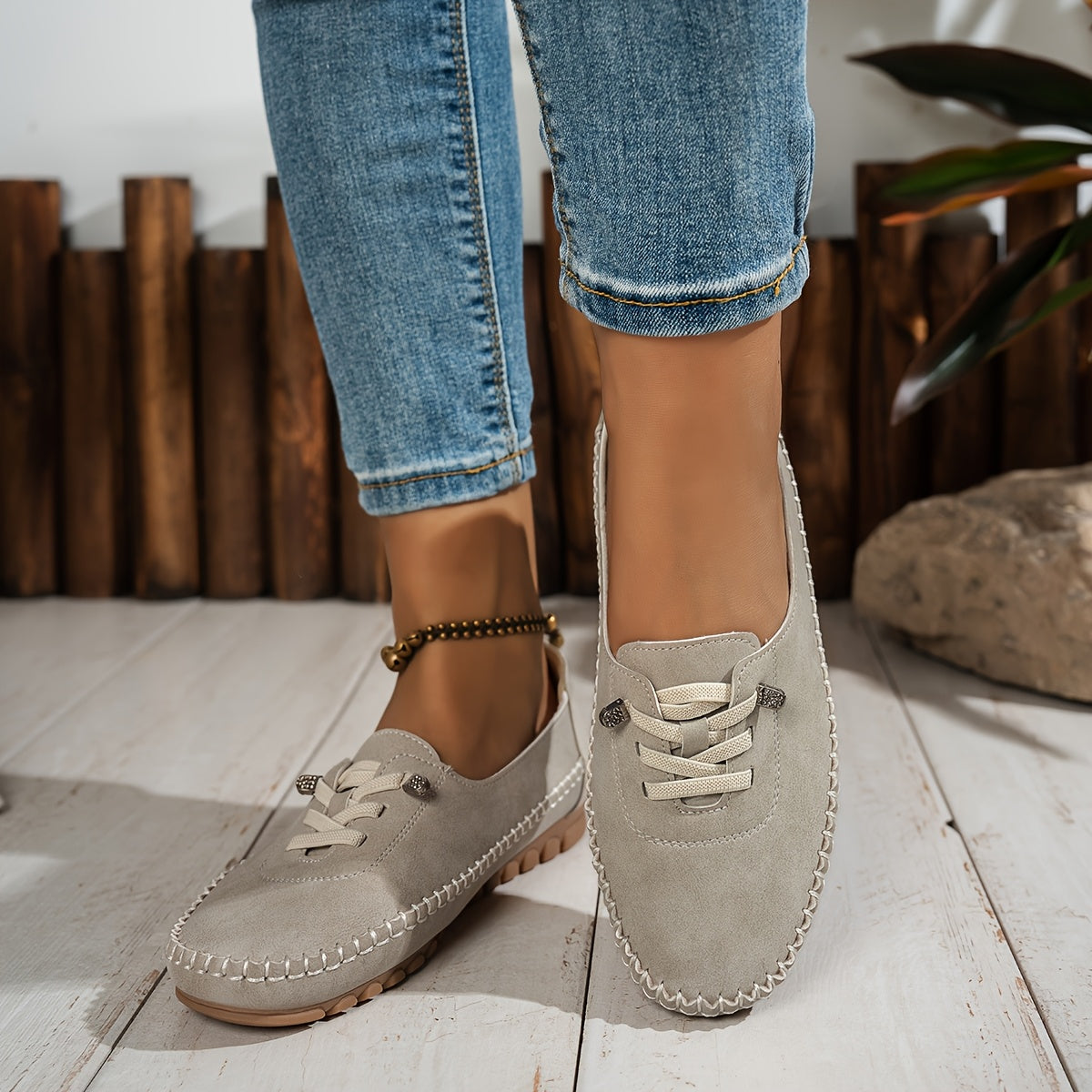 Mocassin Confort à Lacets Décoratifs en Similicuir pour Femme