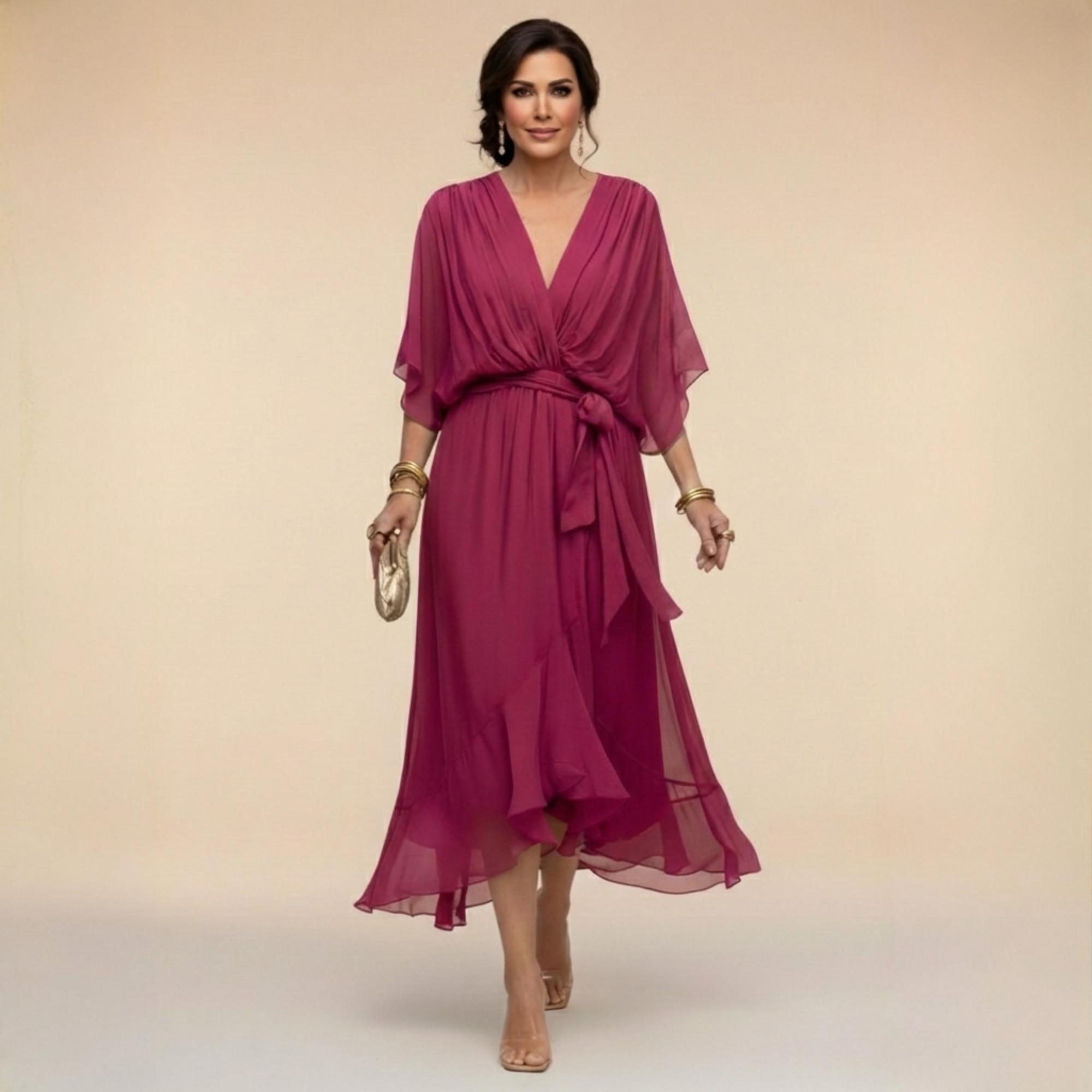 Robe Longue en Chiffon à Manches Chauve-Souris pour Femmes