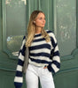 Pull à Manches Longues et Col Rond en Grosse Maille Rayée pour Femme