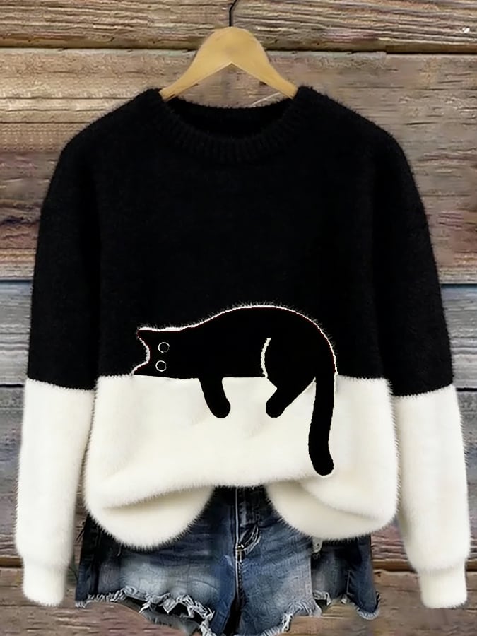 Pull décontracté avec motif chat pour femmes