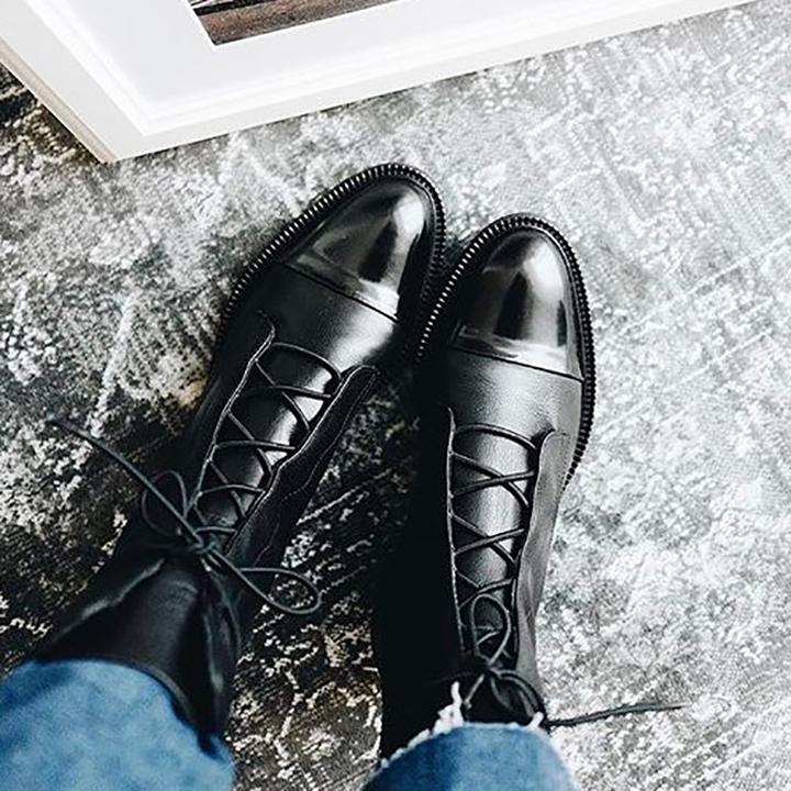 Botte Mi-Mollet à Lacets et Talon en Simili Cuir pour Femme