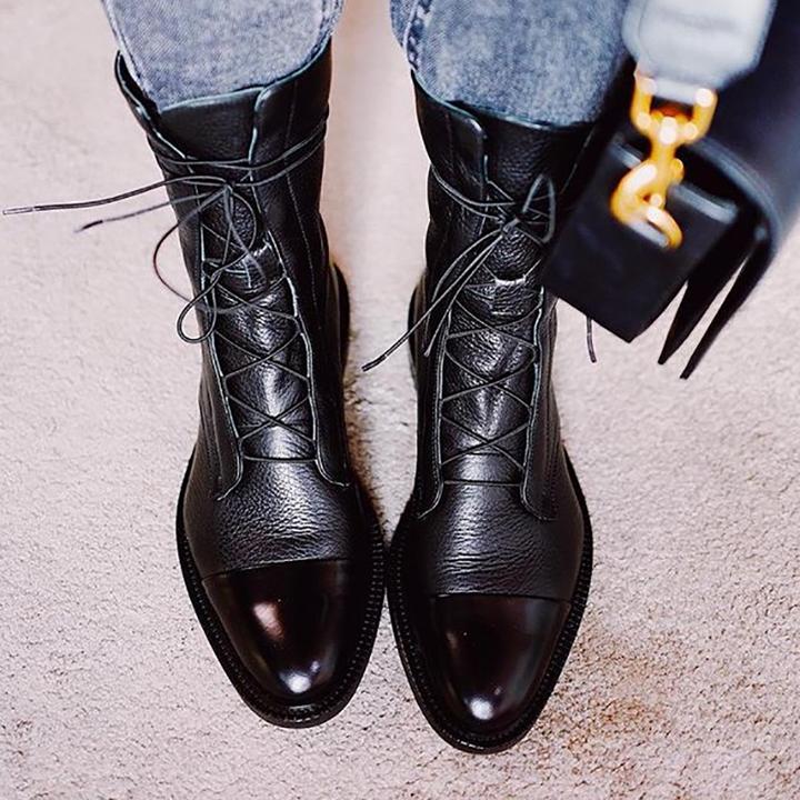 Botte Mi-Mollet à Lacets et Talon en Simili Cuir pour Femme