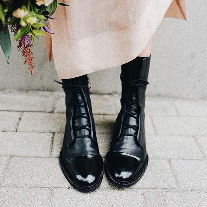 Botte Mi-Mollet à Lacets et Talon en Simili Cuir pour Femme