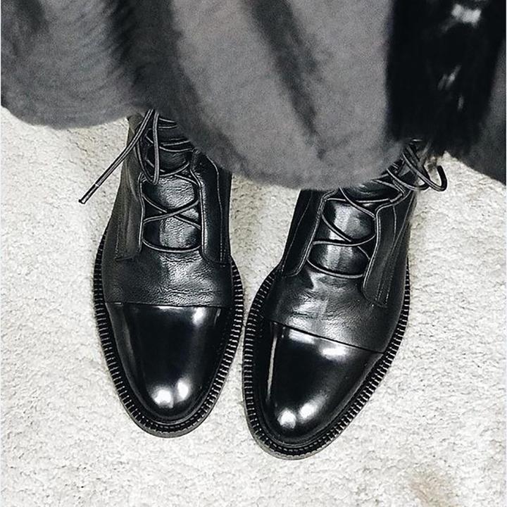 Botte Mi-Mollet à Lacets et Talon en Simili Cuir pour Femme