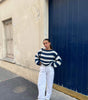 Pull à Manches Longues et Col Rond en Grosse Maille Rayée pour Femme