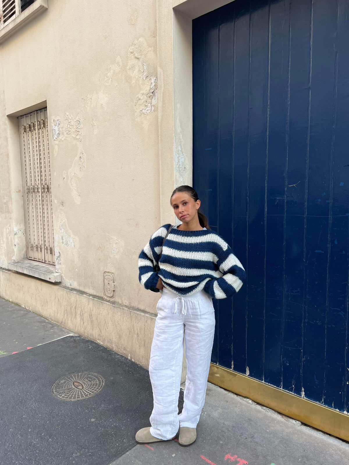Pull à Manches Longues et Col Rond en Grosse Maille Rayée pour Femme