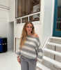 Pull à Manches Longues et Col Rond en Grosse Maille Rayée pour Femme