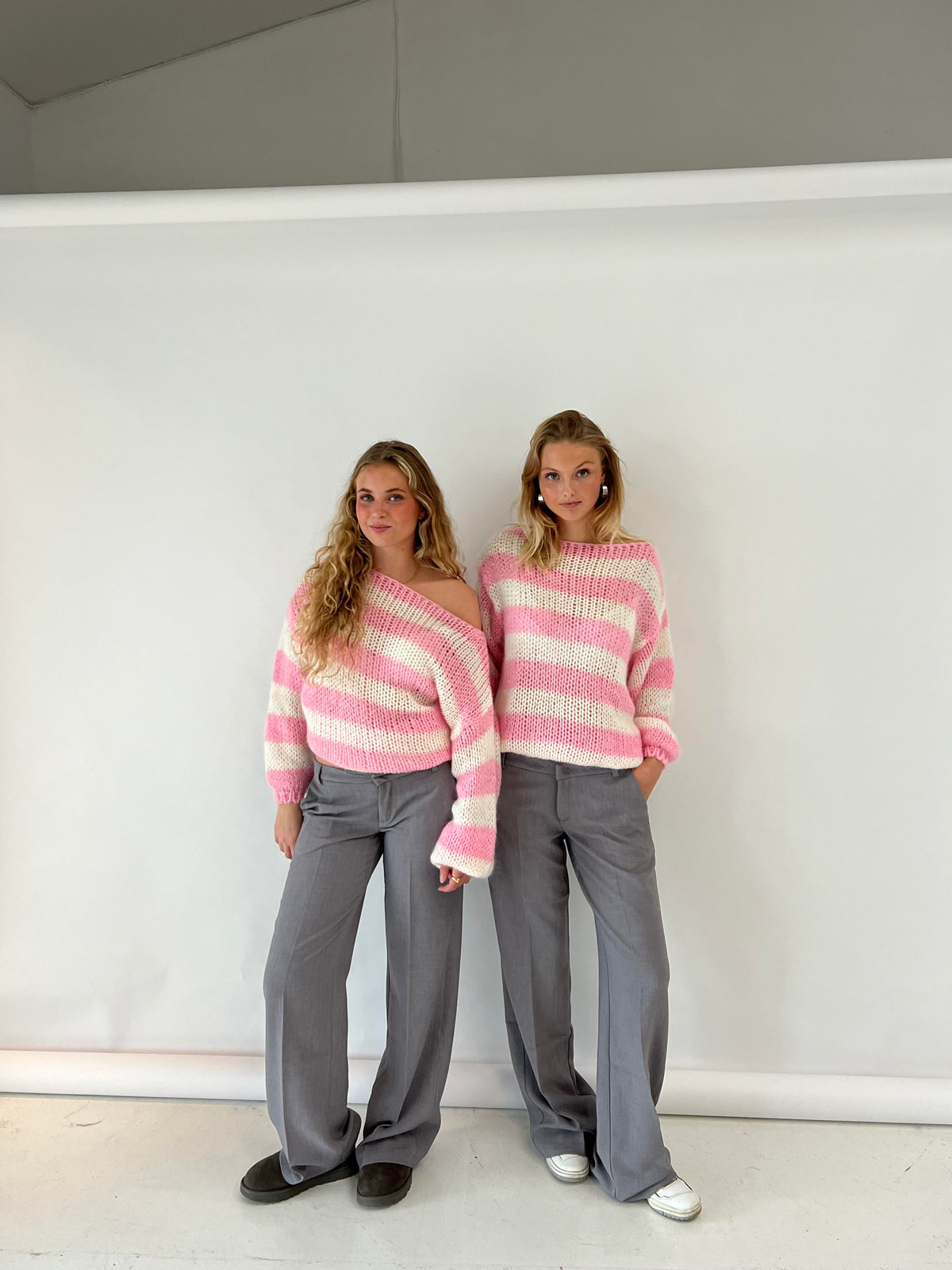 Pull à Manches Longues et Col Rond en Grosse Maille Rayée pour Femme