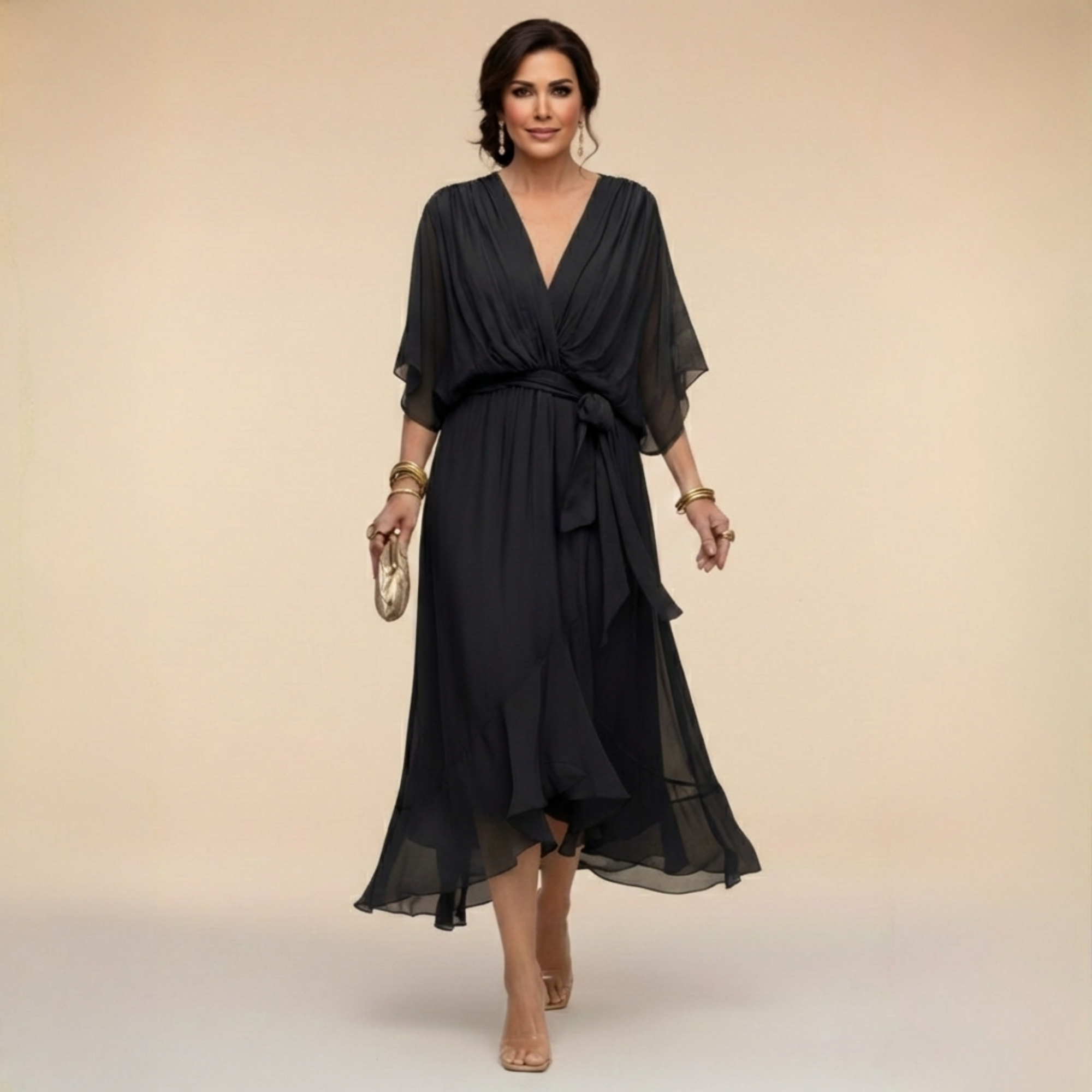 Robe Longue en Chiffon à Manches Chauve-Souris pour Femmes