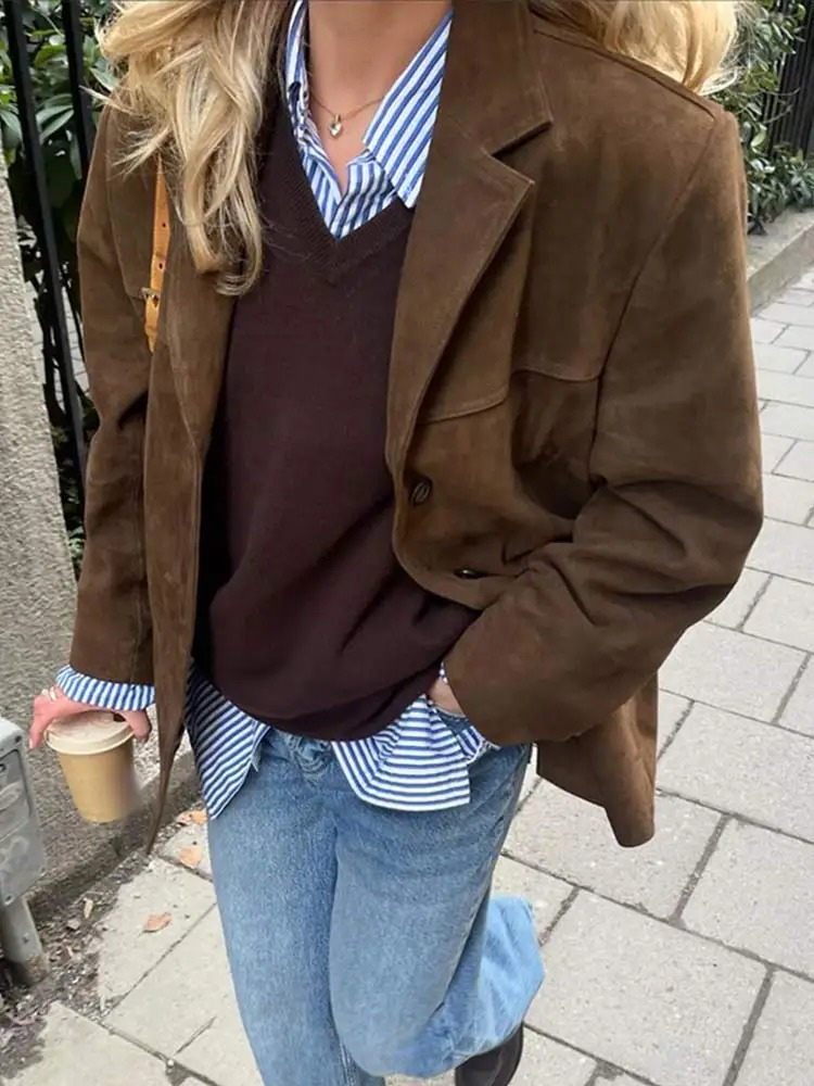 Trenchcoat en Suède Marron Oversize pour Femmes