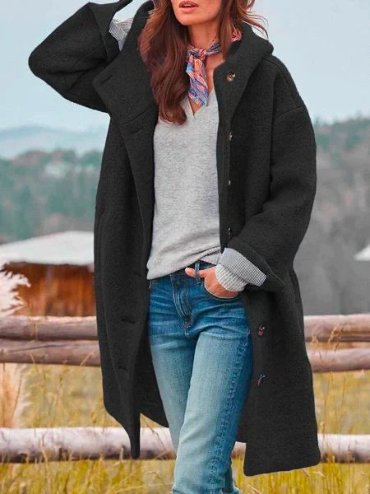 Manteau Long Casual à Pochette pour Femmes