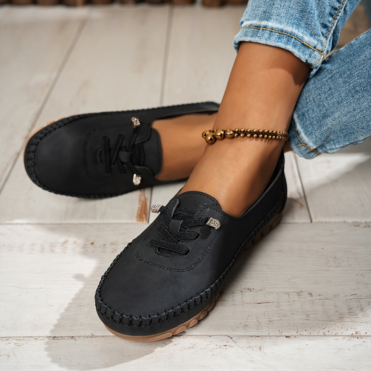 Mocassin Confort à Lacets Décoratifs en Similicuir pour Femme