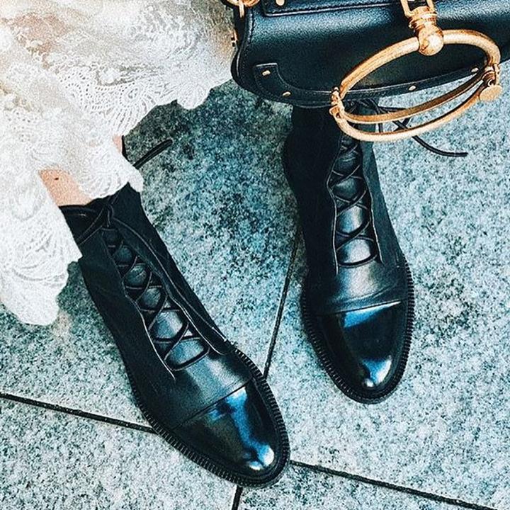 Botte Mi-Mollet à Lacets et Talon en Simili Cuir pour Femme