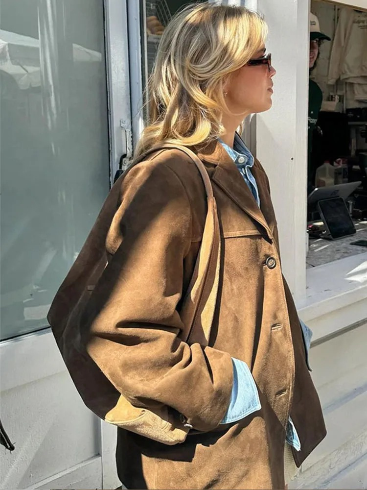 Trenchcoat en Suède Marron Oversize pour Femmes