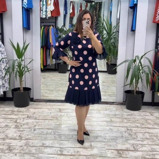 Robe Plissée Pois Pink Navy Coupe Ajustée