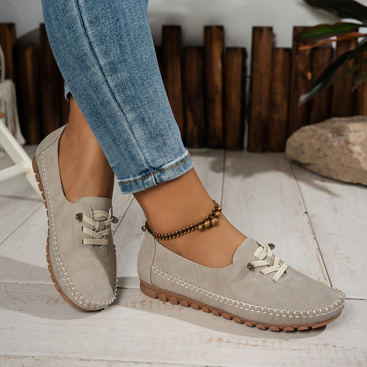 Mocassin Confort à Lacets Décoratifs en Similicuir pour Femme