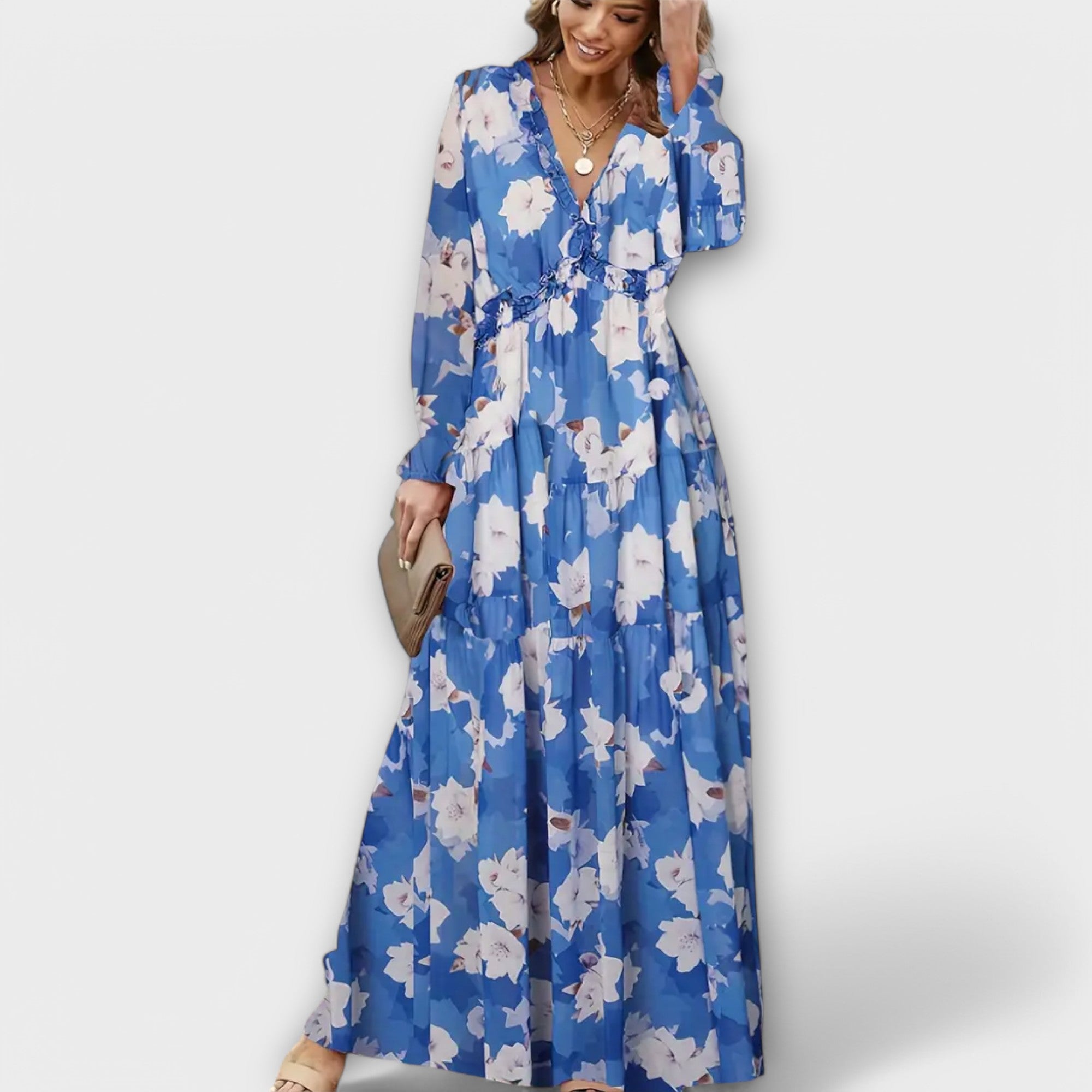 Robe Maxi à Manches Longues et Imprimé Floral pour Femmes