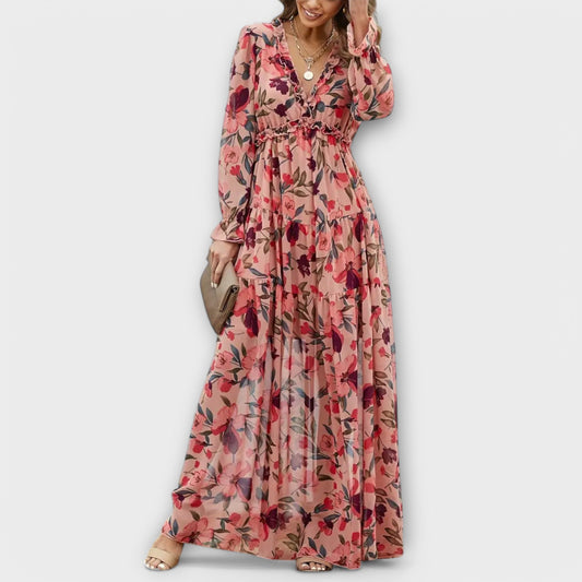 Robe Maxi à Manches Longues et Imprimé Floral pour Femmes