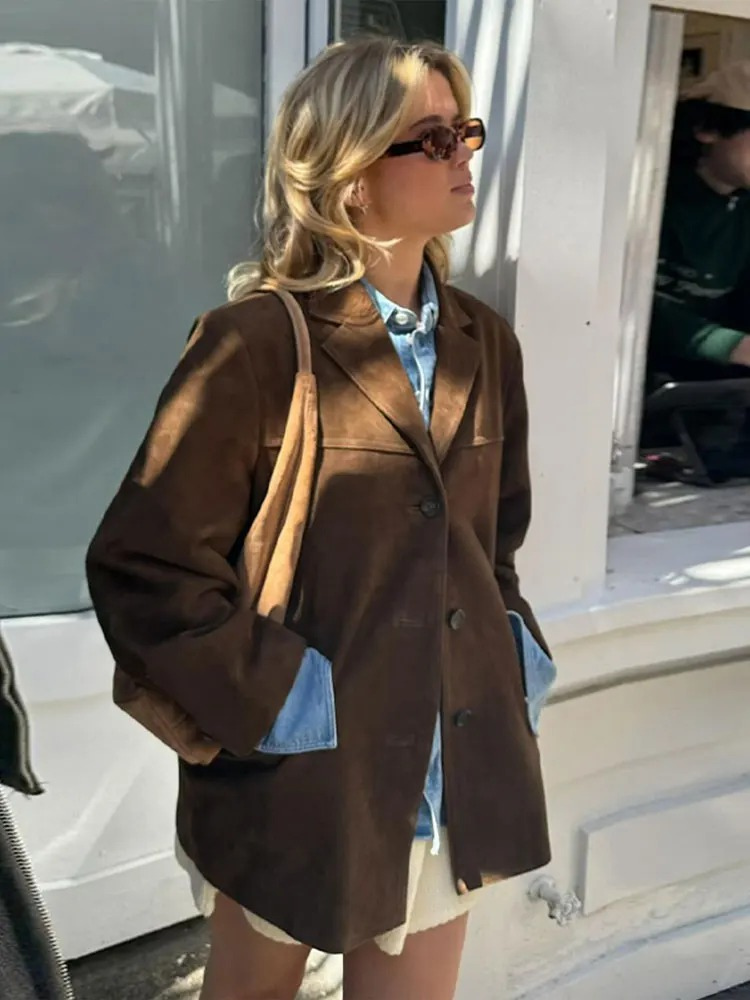 Trenchcoat en Suède Marron Oversize pour Femmes
