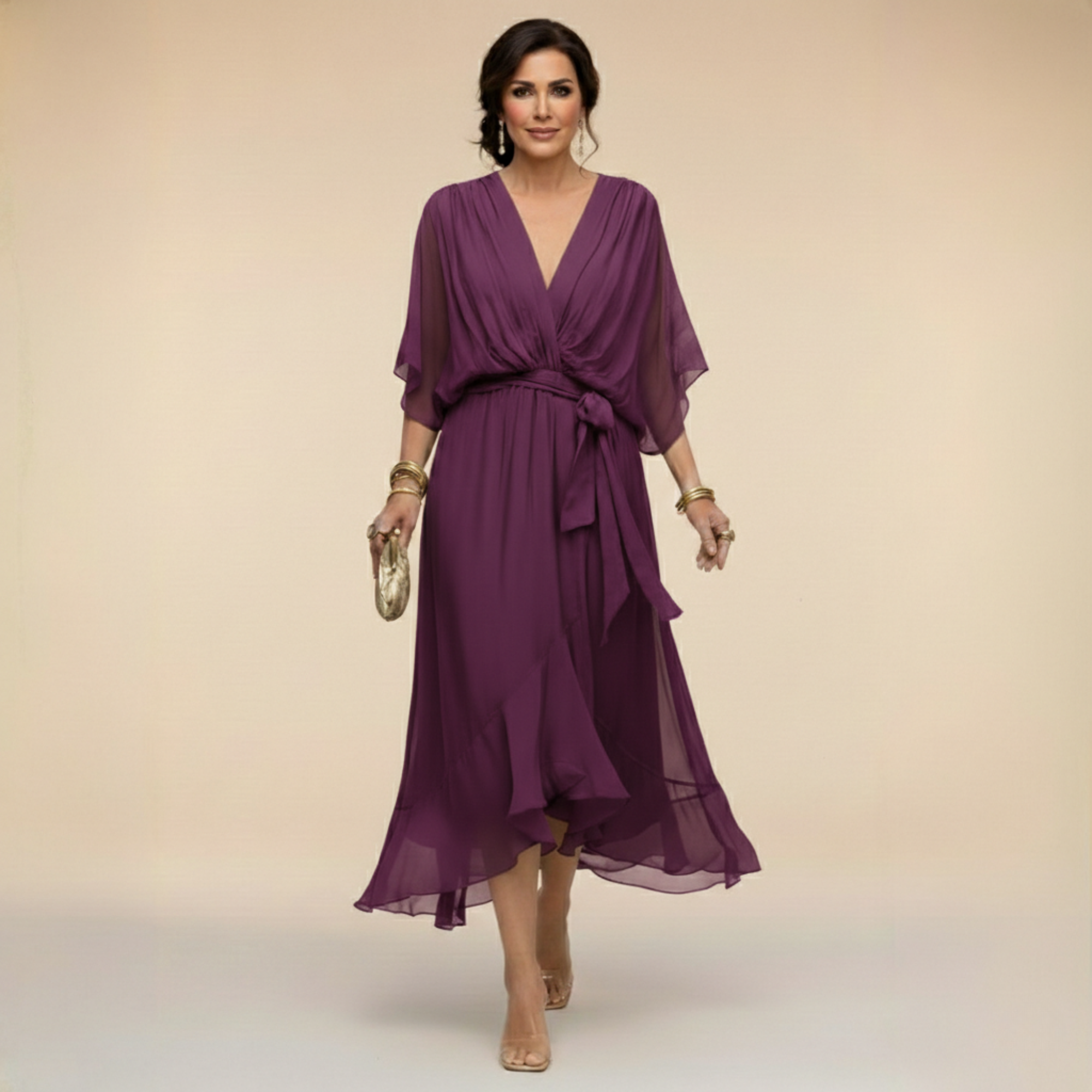 Robe Longue en Chiffon à Manches Chauve-Souris pour Femmes
