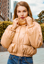 Doudoune Courte en Simili Cuir Coupe Ample à Col Montant pour Femme