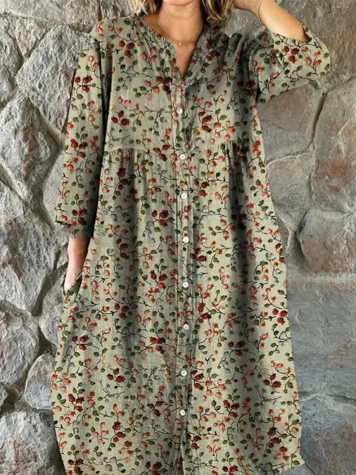 Robe Chemise en Coton à Imprimé Floral Rétro pour Femmes