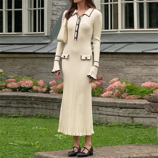 Robe mi-longue ajustée contrastée pour femmes