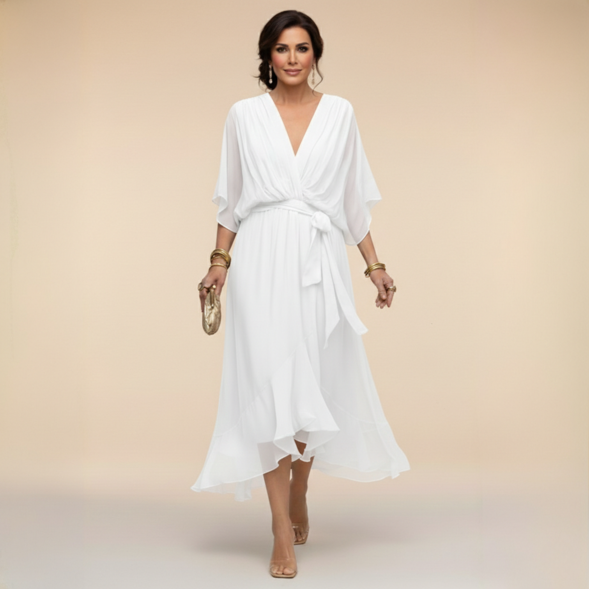 Robe Longue en Chiffon à Manches Chauve-Souris pour Femmes