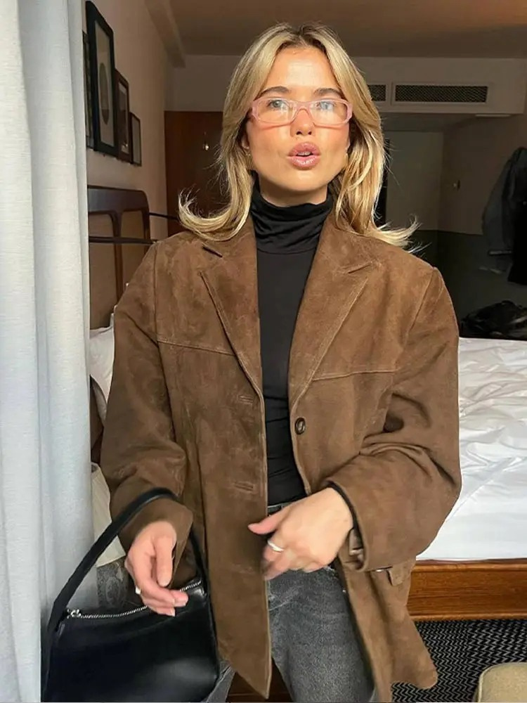 Trenchcoat en Suède Marron Oversize pour Femmes