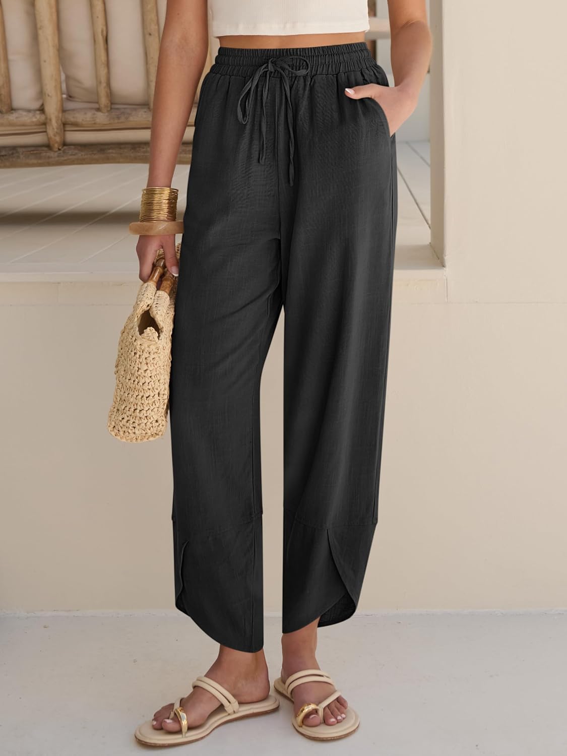 Pantalon Fluide Taille Haute à Taille Élastique pour Femme