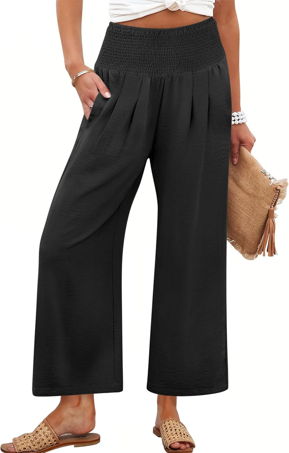 Pantalon Palazzo Fluide et Taille Haute avec Poches pour Femme