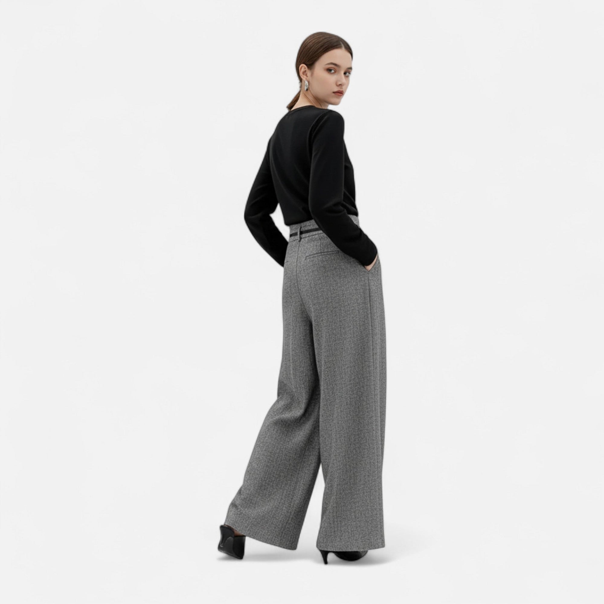 Pantalon Large Taille Haute en Tweed pour Femmes