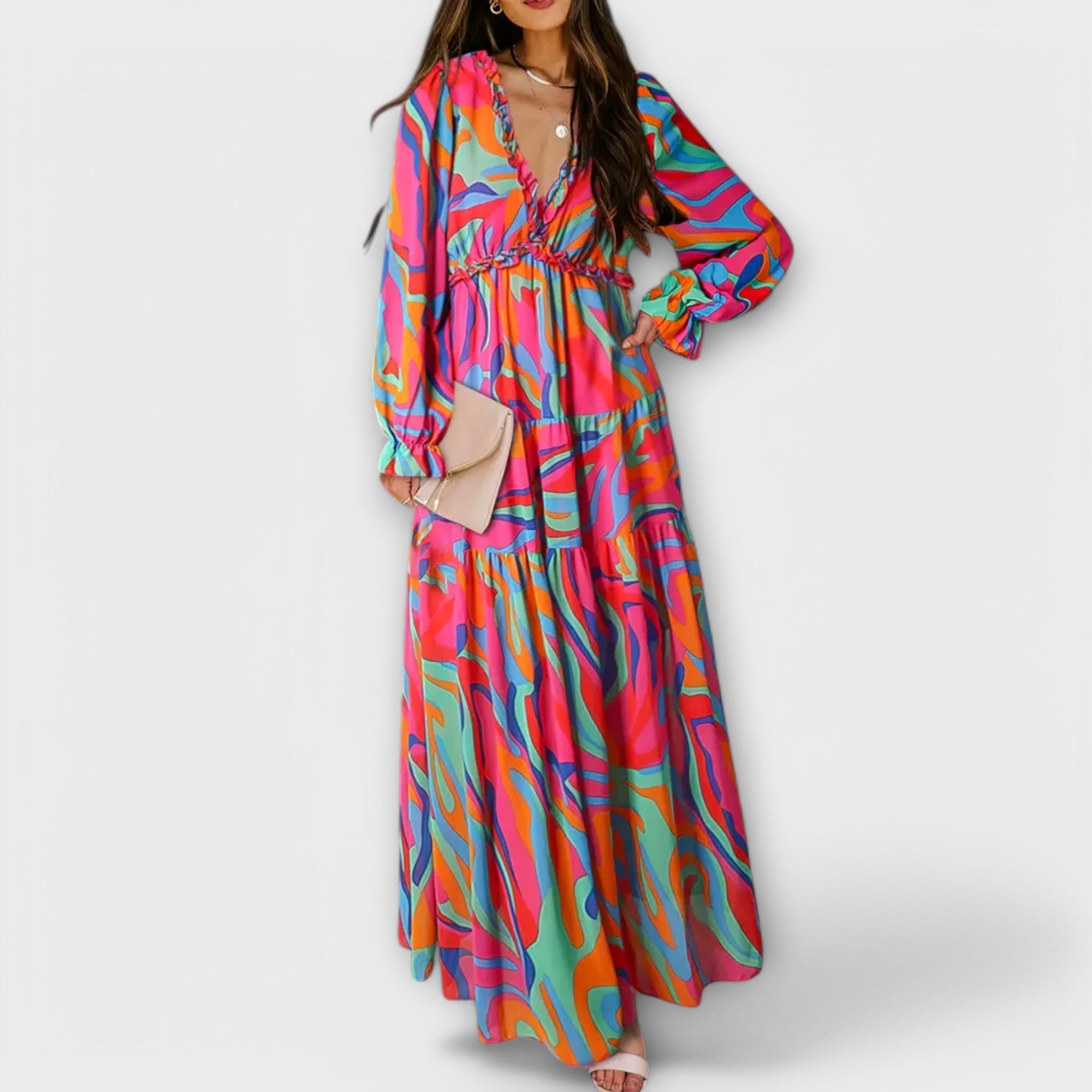 Robe Maxi à Manches Longues et Imprimé Floral pour Femmes