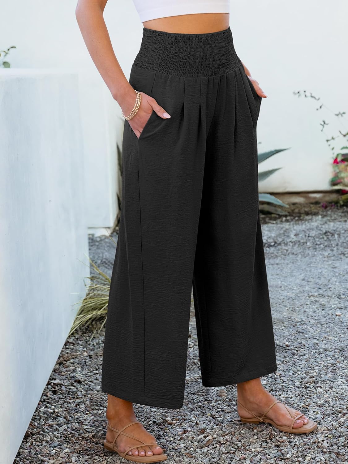 Pantalon Palazzo Fluide et Taille Haute avec Poches pour Femme