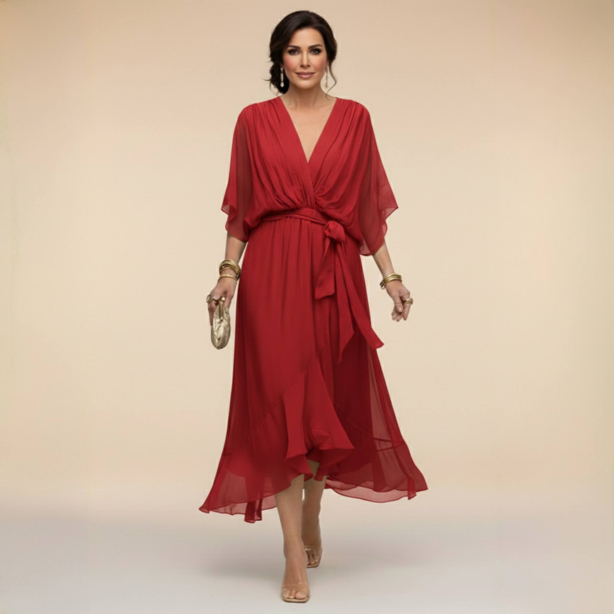 Robe Longue en Chiffon à Manches Chauve-Souris pour Femmes