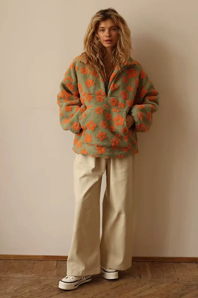 Pull chaud en polaire à motif floral pour femme