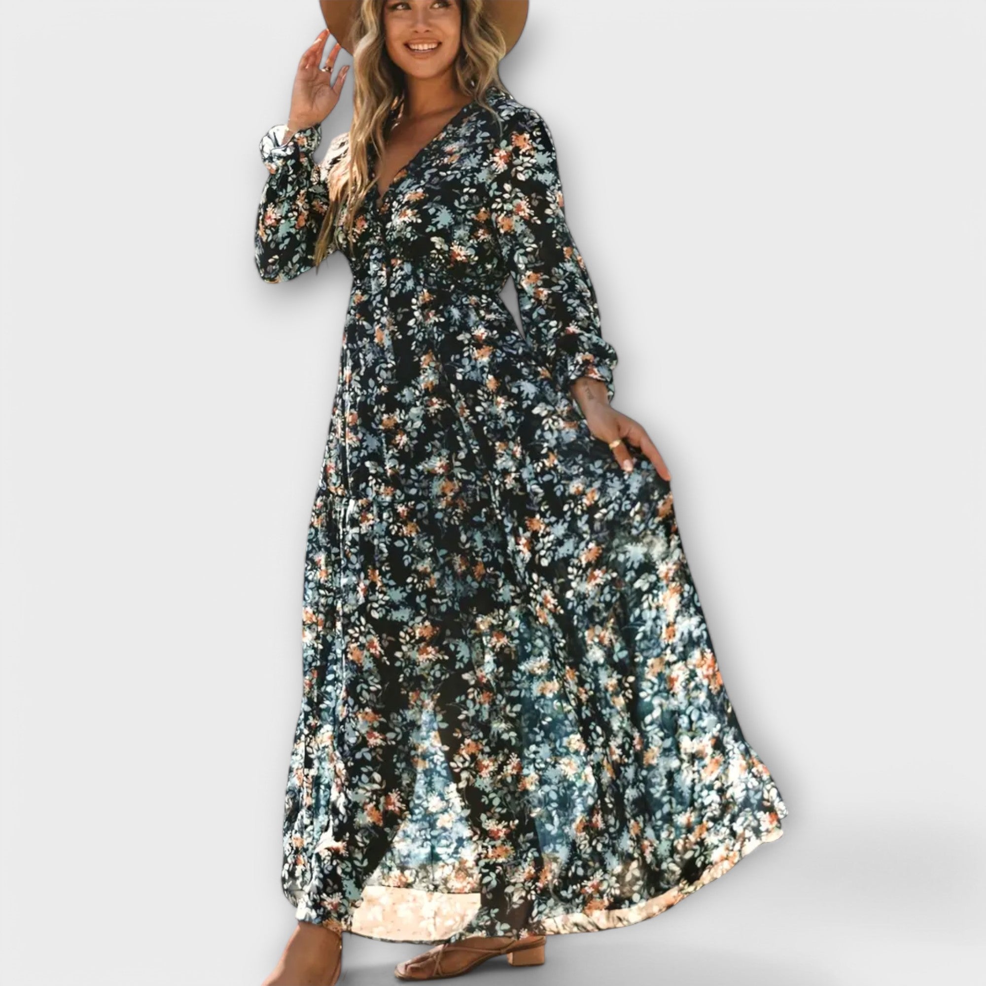 Robe Maxi à Manches Longues et Imprimé Floral pour Femmes