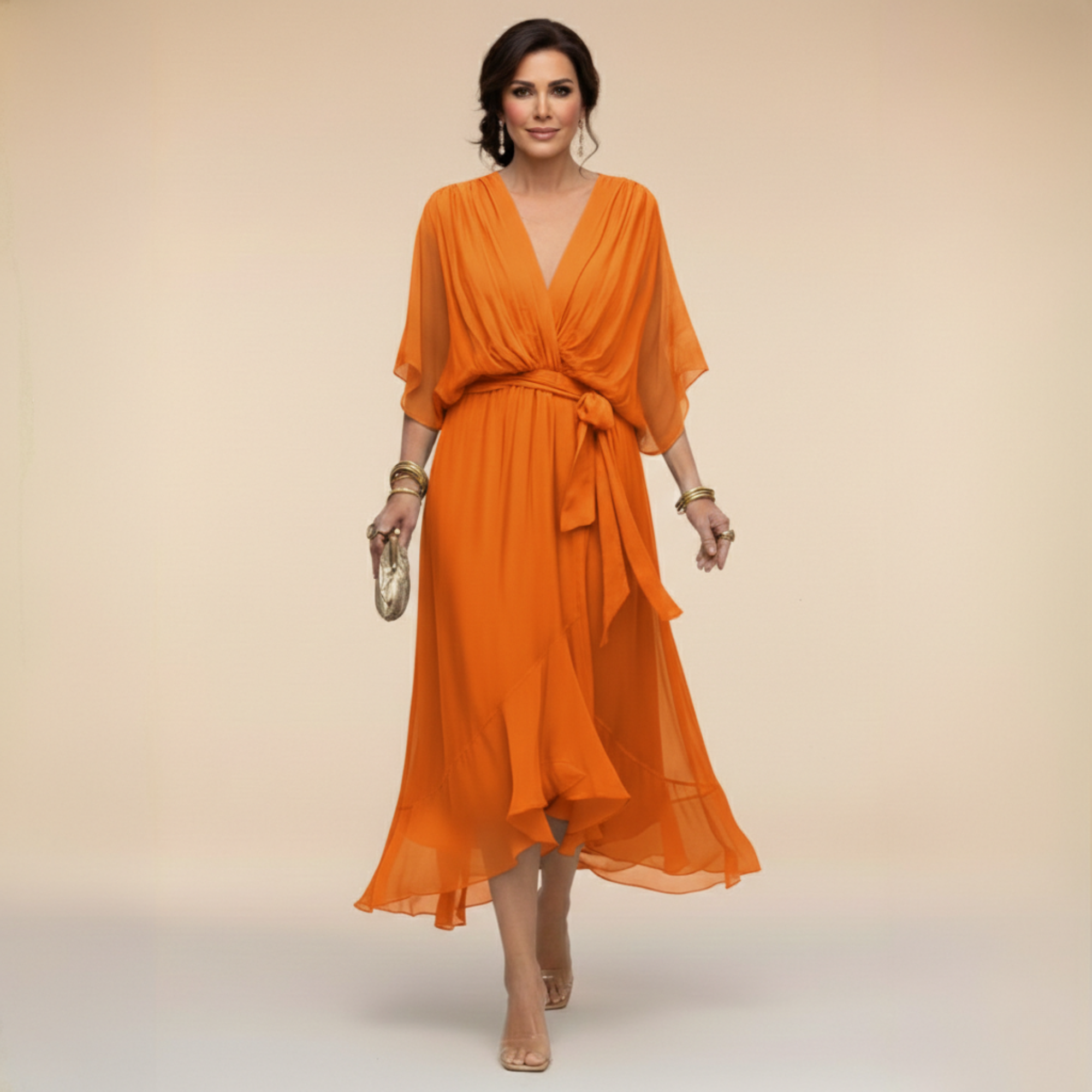 Robe Longue en Chiffon à Manches Chauve-Souris pour Femmes
